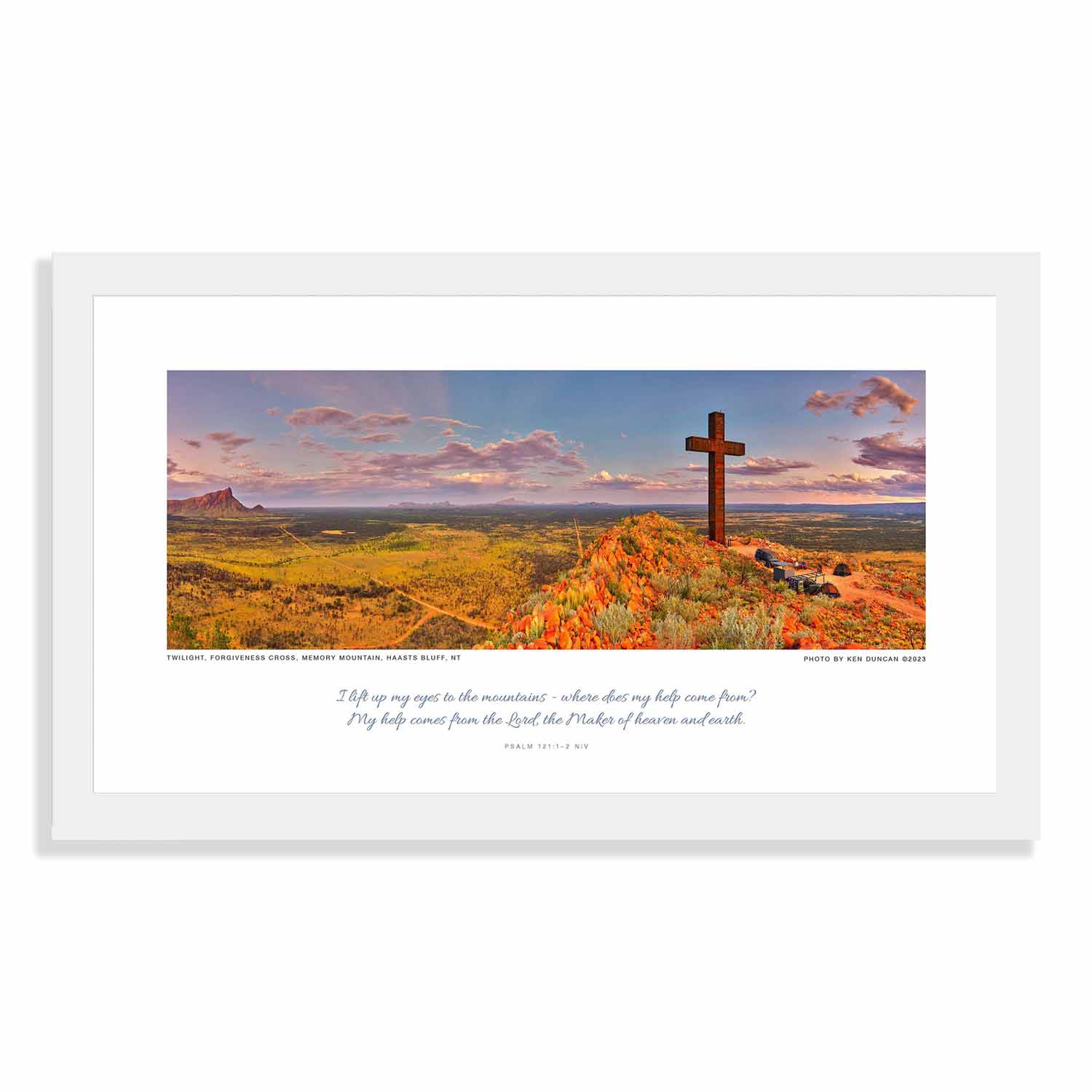 Memory Mountain Twilight Scripture,  In White Frame - Poster